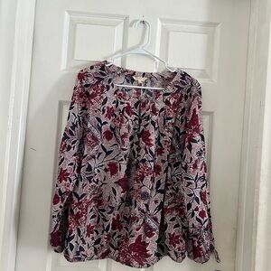 Lucky Brand Red and Silver Floral Blouse Relaxed Fit long sleeves modal